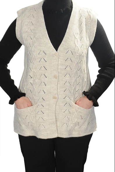 Kadın Krem V Yaka Zincir Örgü Yün Triko Anne Yelek