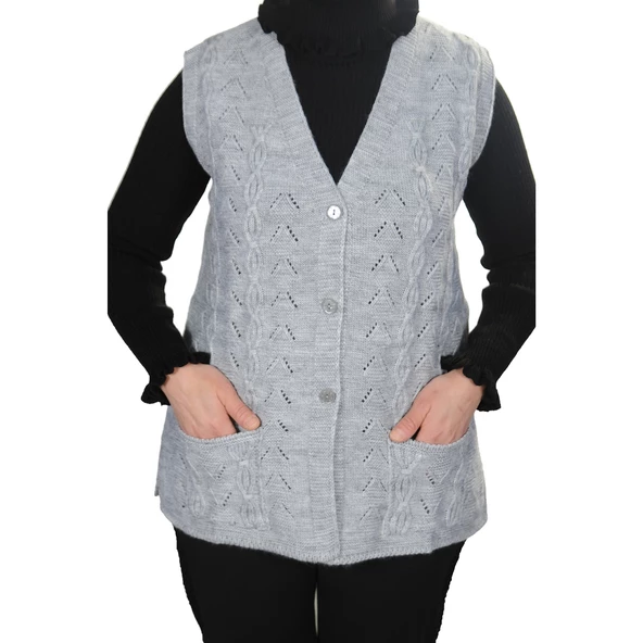 Kadın Açık Gri V Yaka Zincir Örgü Yün Triko Anne Yelek