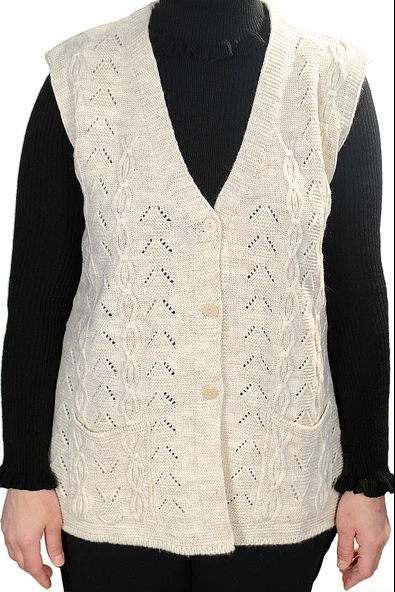 Kadın Krem V Yaka Zincir Örgü Yün Triko Anne Yelek - 2