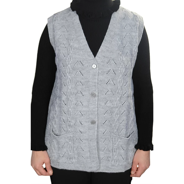 Kadın Açık Gri V Yaka Zincir Örgü Yün Triko Anne Yelek - 2