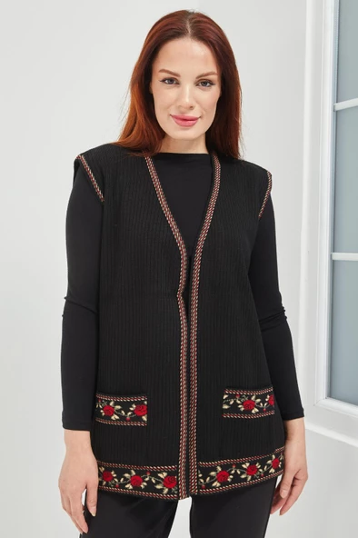 Anne Triko Gül Motifli Siyah  Kısa Cepli Yelek - 2