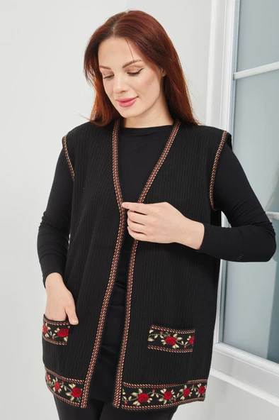 Anne Triko Gül Motifli Siyah  Kısa Cepli Yelek - 5