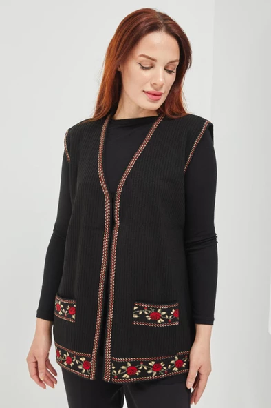 Anne Triko Gül Motifli Siyah  Kısa Cepli Yelek - 3