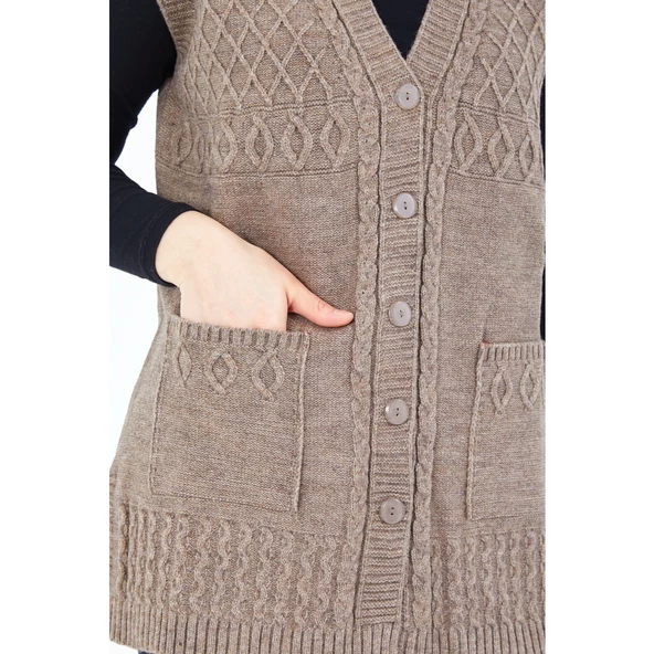 Kadın  Vizon  V Yaka Düğmeli Cepli Örgü  Yün Anne Triko Yelek - 8