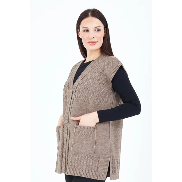 Kadın  Vizon  V Yaka Düğmeli Cepli Örgü  Yün Anne Triko Yelek - 3