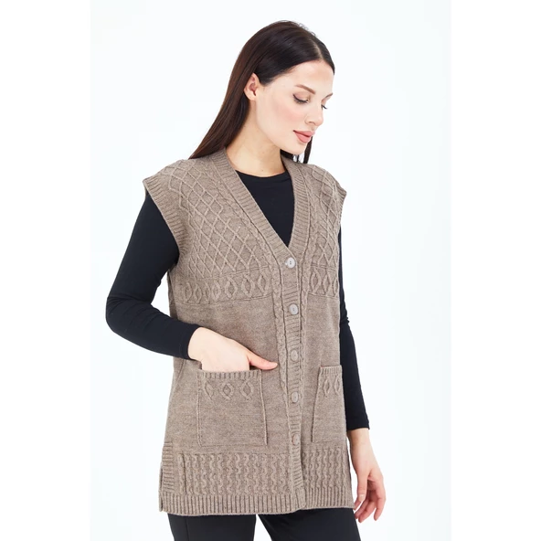 Kadın  Vizon  V Yaka Düğmeli Cepli Örgü  Yün Anne Triko Yelek - 5