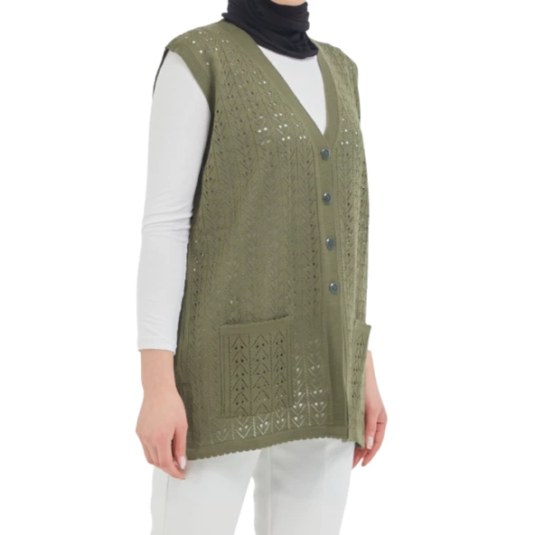 Düğmeli Haki Merserize Yelek - 4