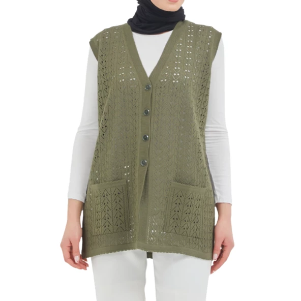 Düğmeli Haki Merserize Yelek - 2