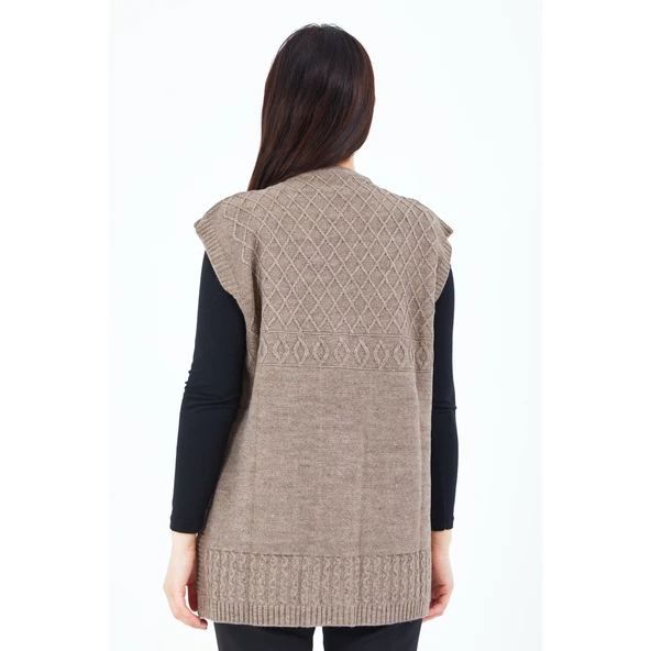 Kadın  Vizon  V Yaka Düğmeli Cepli Örgü  Yün Anne Triko Yelek - 7