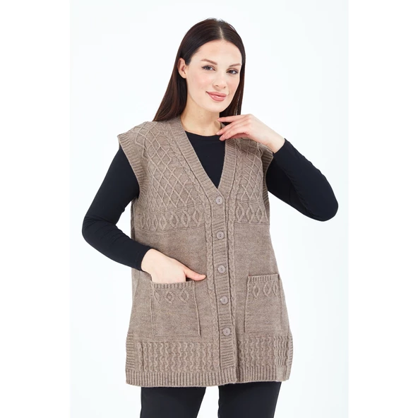 Kadın  Vizon  V Yaka Düğmeli Cepli Örgü  Yün Anne Triko Yelek - 6