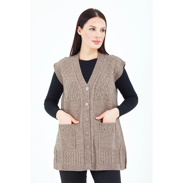 Kadın  Vizon  V Yaka Düğmeli Cepli Örgü  Yün Anne Triko Yelek - 2