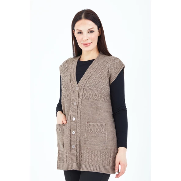 Kadın  Vizon  V Yaka Düğmeli Cepli Örgü  Yün Anne Triko Yelek - 4