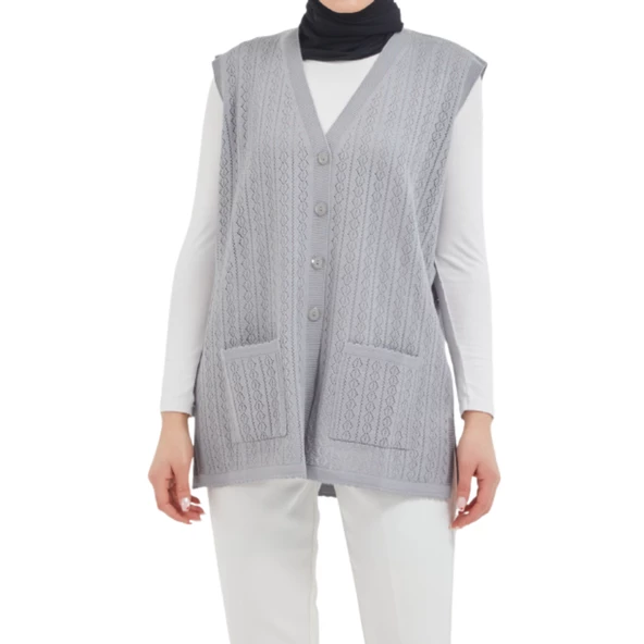 Düğmeli Gri Merserize Yelek - 4