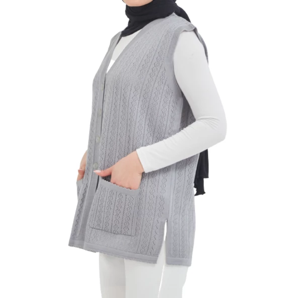 Düğmeli Gri Merserize Yelek - 2