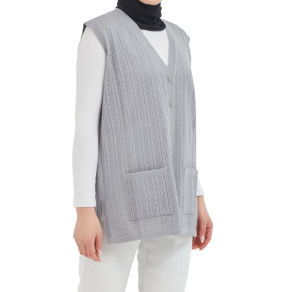 Düğmeli Gri Merserize Yelek - 3