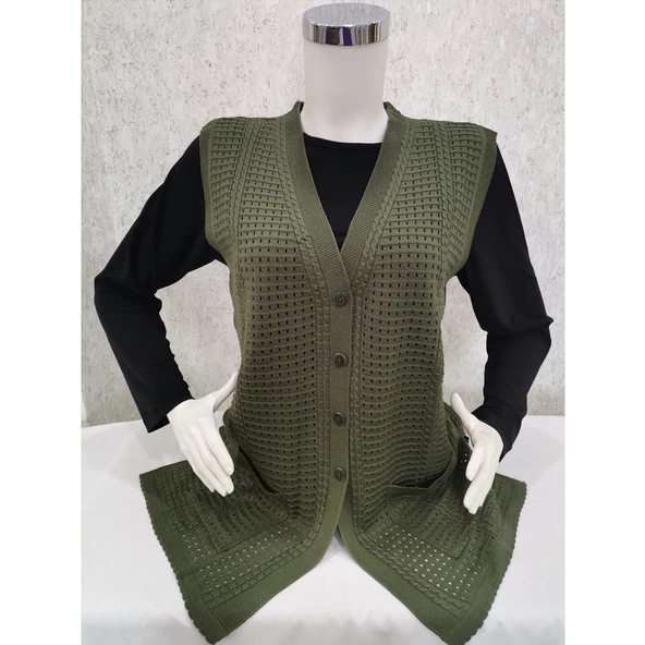 Kadın Haki Yeşil Merserize Yelek - 2