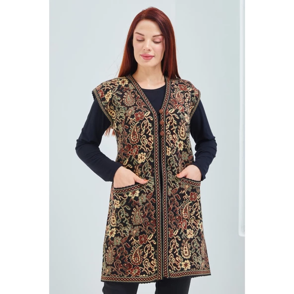 Kadın Siyah Cepli Anadolu Desenli Üç Düğmeli Uzun Yelek - 2