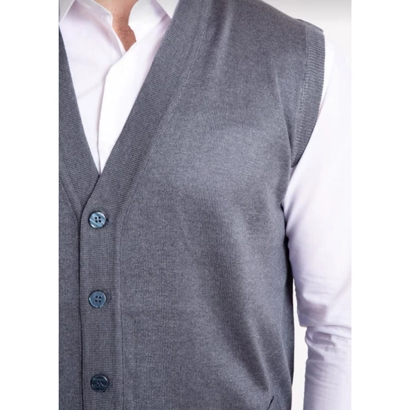 Erkek Siyah İnce Yün Triko Cepli Örgü Yelek - 6