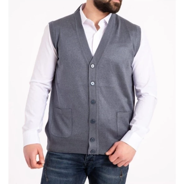 Erkek Siyah İnce Yün Triko Cepli Örgü Yelek - 4