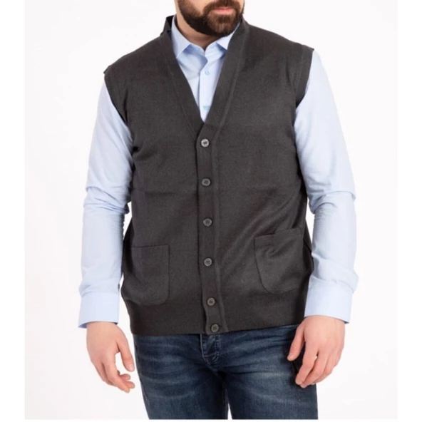 Erkek Siyah İnce Yün Triko Cepli Örgü Yelek - 7