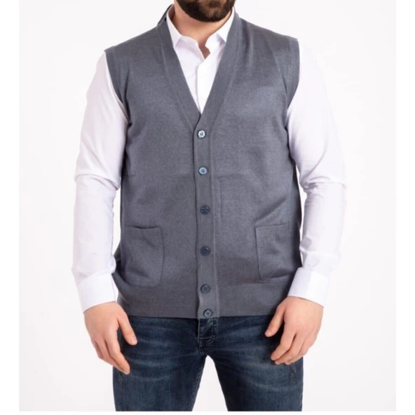 Erkek Siyah İnce Yün Triko Cepli Örgü Yelek - 5