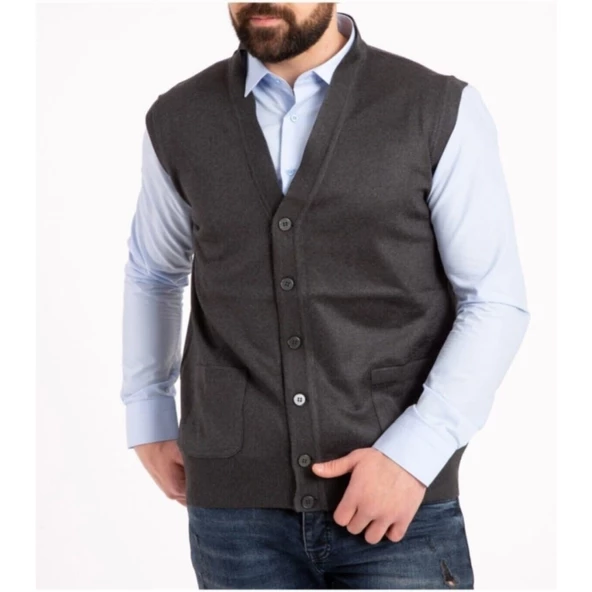 Erkek Siyah İnce Yün Triko Cepli Örgü Yelek - 8
