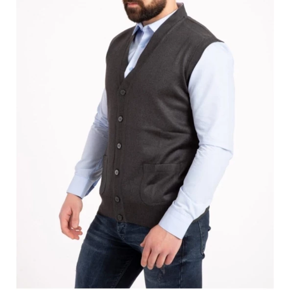 Erkek Siyah İnce Yün Triko Cepli Örgü Yelek - 9