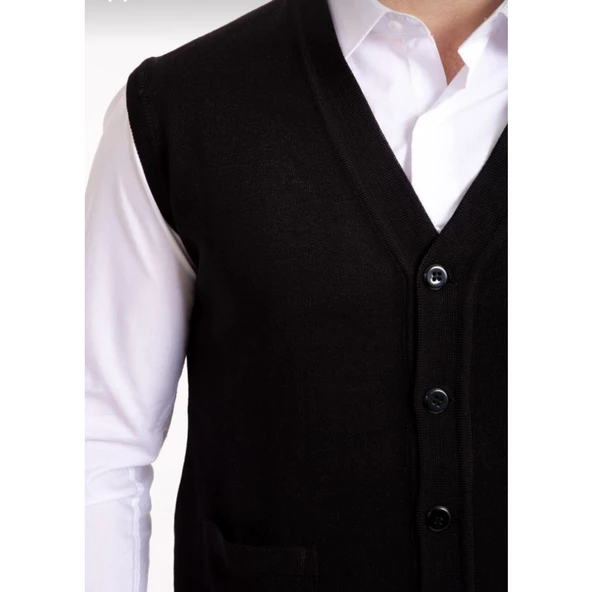 Erkek Siyah İnce Yün Triko Cepli Örgü Yelek - 3