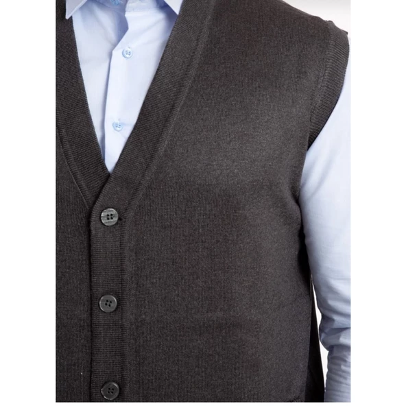 Erkek Siyah İnce Yün Triko Cepli Örgü Yelek - 10