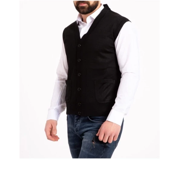 Erkek Siyah İnce Yün Triko Cepli Örgü Yelek - 2