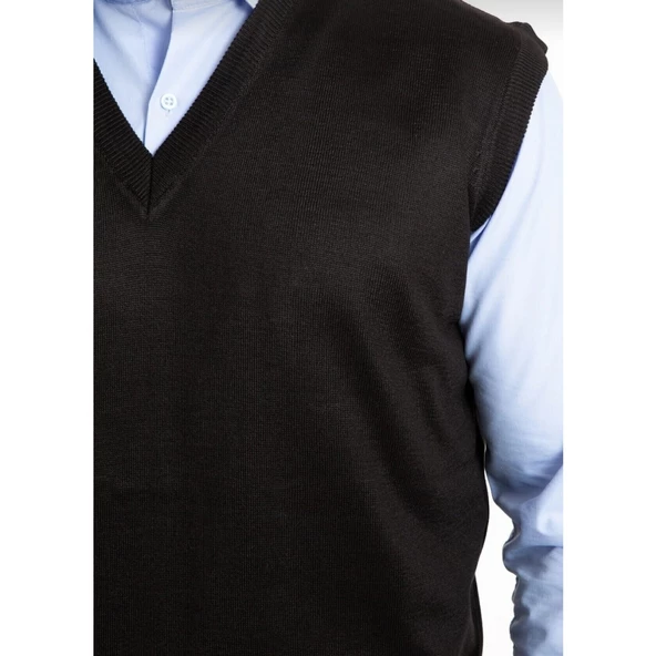 Erkek Siyah V Yaka İnce Yün Triko Örgü Baba Süveter - 3