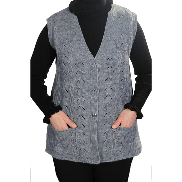 Kadın Gri V Yaka Zincir Örgü Yün Triko Anne Yelek