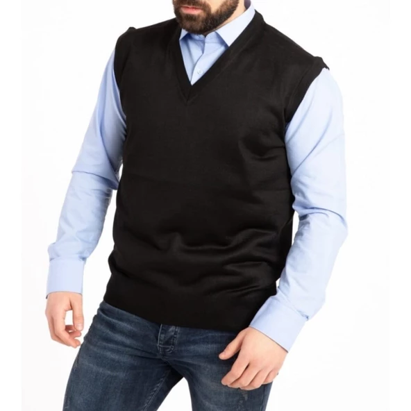 Erkek Siyah V Yaka İnce Yün Triko Örgü Baba Süveter - 2