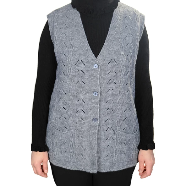 Kadın Gri V Yaka Zincir Örgü Yün Triko Anne Yelek - 2