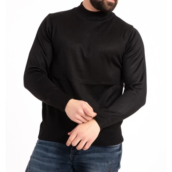 Erkek Siyah İnce Yünlü Yarım Boğazlı Triko Baba Kazak - 2