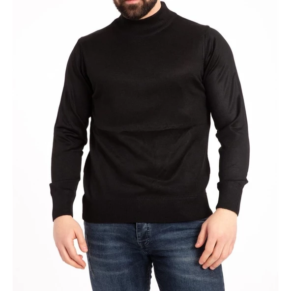 Erkek Siyah İnce Yünlü Yarım Boğazlı Triko Baba Kazak