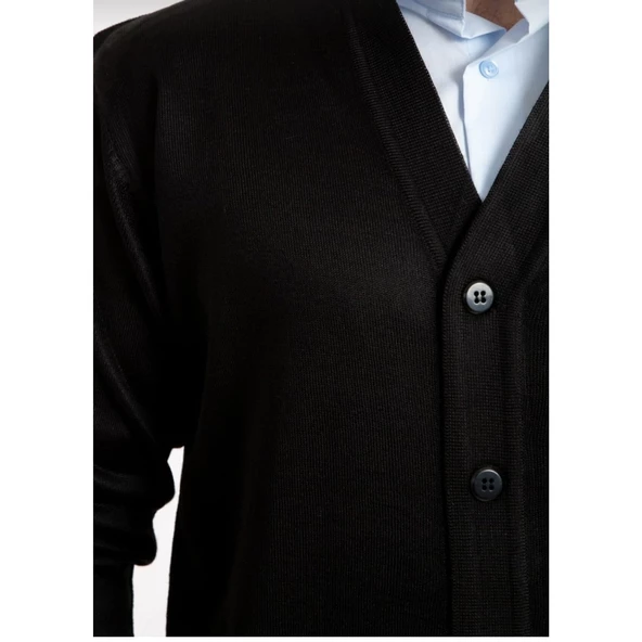 Erkek Siyah İnce Yün Triko Örgü Baba Cepli Hırka - 3