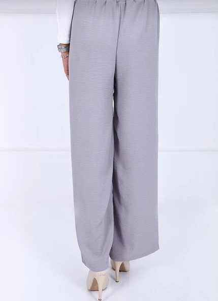Fresh&Moda Kadın Gri Beli Lastikli Ayrobin Kumaş Bol Paça Büyük Beden Pantolon - 4
