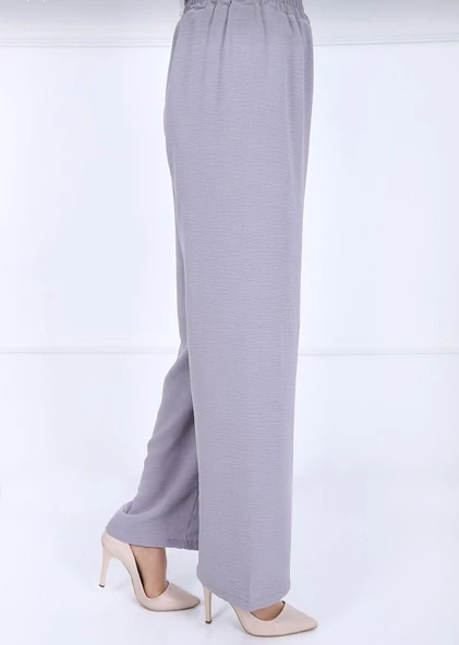 Fresh&Moda Kadın Gri Beli Lastikli Ayrobin Kumaş Bol Paça Büyük Beden Pantolon - 3