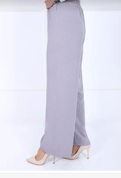 Fresh&Moda Kadın Gri Beli Lastikli Ayrobin Kumaş Bol Paça Büyük Beden Pantolon - 2