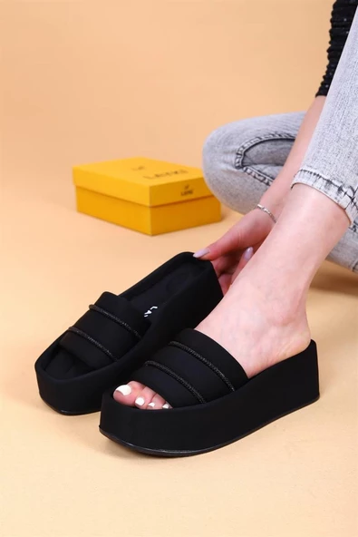 Olga Siyah Renkli Yüksek Taban Taşlı Detaylı Lüx Terlik - 3