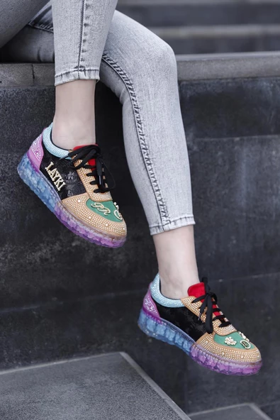 Astra Taşlı Desenli Şeffaf Taban Renkli Kadın Sneaker - 10