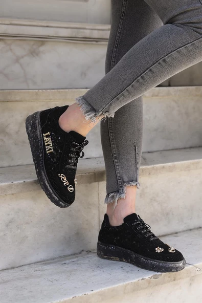 Astra Taşlı Desenli Şeffaf Taban Siyah Renkli Kadın Sneaker - 7