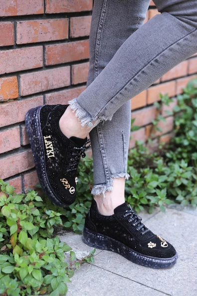 Astra Taşlı Desenli Şeffaf Taban Siyah Renkli Kadın Sneaker - 6