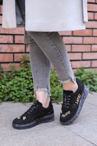 Astra Taşlı Desenli Şeffaf Taban Siyah Renkli Kadın Sneaker - 5