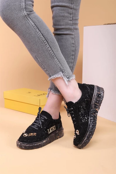 Astra Taşlı Desenli Şeffaf Taban Siyah Renkli Kadın Sneaker - 9