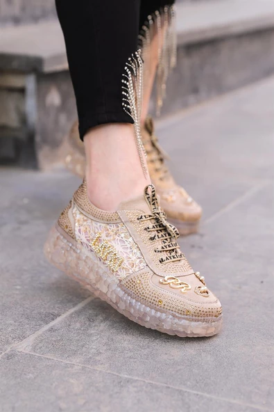 Astra Taşlı Desenli Şeffaf Taban Bej Renkli Kadın Sneaker - 6
