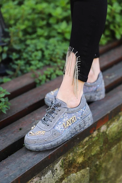 Astra Taşlı Desenli Şeffaf Taban Gri Renkli Kadın Sneaker - 7