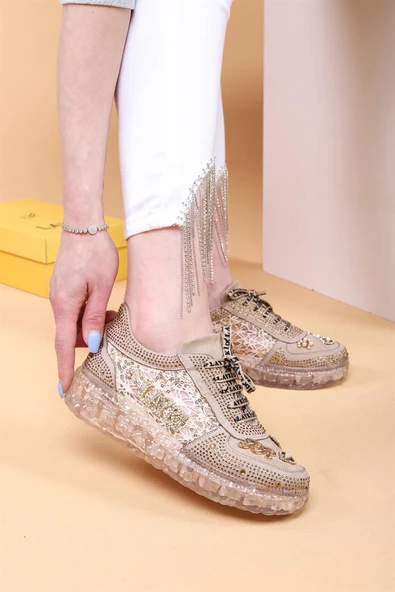 Astra Taşlı Desenli Şeffaf Taban Bej Renkli Kadın Sneaker - 9