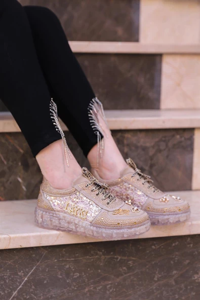 Astra Taşlı Desenli Şeffaf Taban Bej Renkli Kadın Sneaker - 5